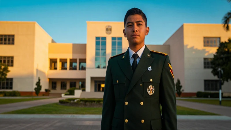 Estudiante militar mexicano bajo luz dorada épica