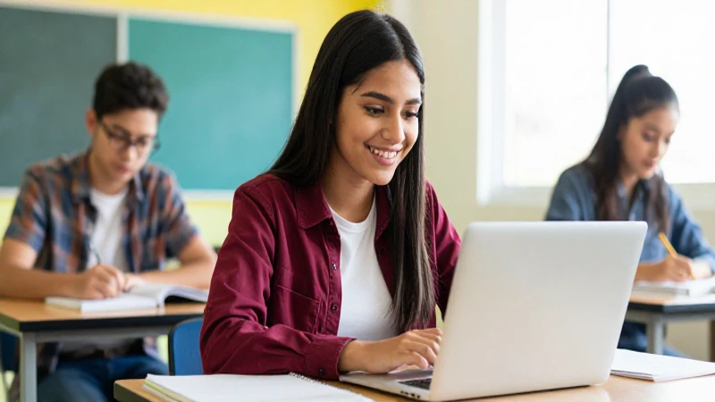 Joven mexicana sonriendo en aula moderna