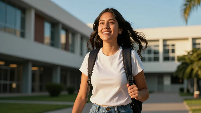 Joven mexicana optimista en el campus al atardecer