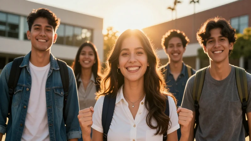 Joven mexicano sonriente con luz dorada en el campus