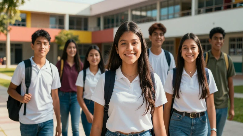 Estudiantes mexicanos felices en campus moderno y vibrante