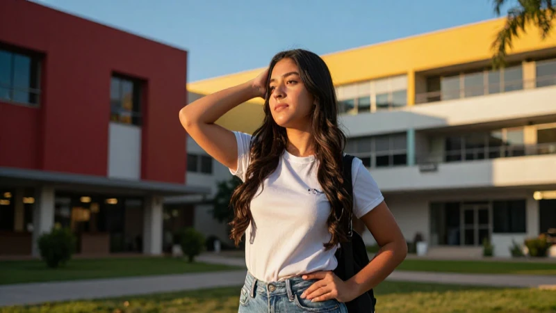 Estudiante mexicano vibrante en campus, luz dorada
