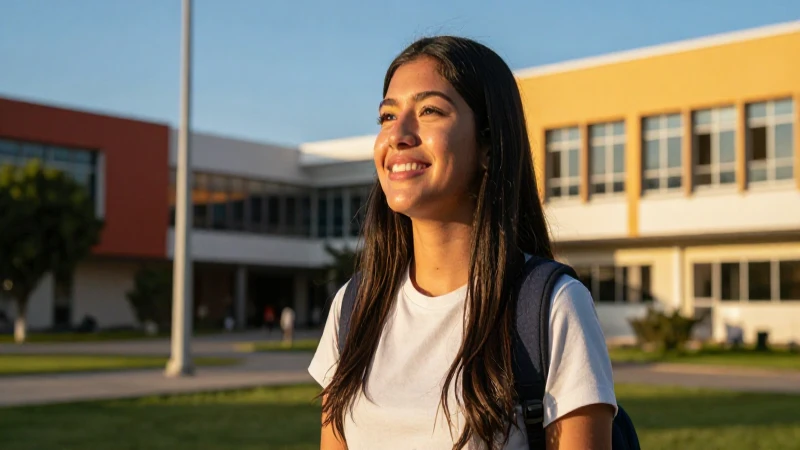 Estudiante mexicano esperanzado en campus moderno