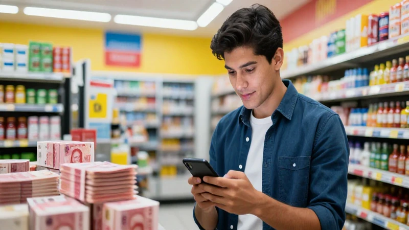 Joven mexicano usa celular en tienda moderna
