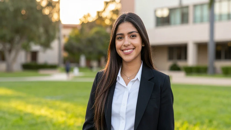 Joven mexicana sonríe en campus universitario profesional