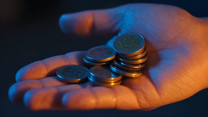 Mano recibiendo monedas bajo luz vibrante