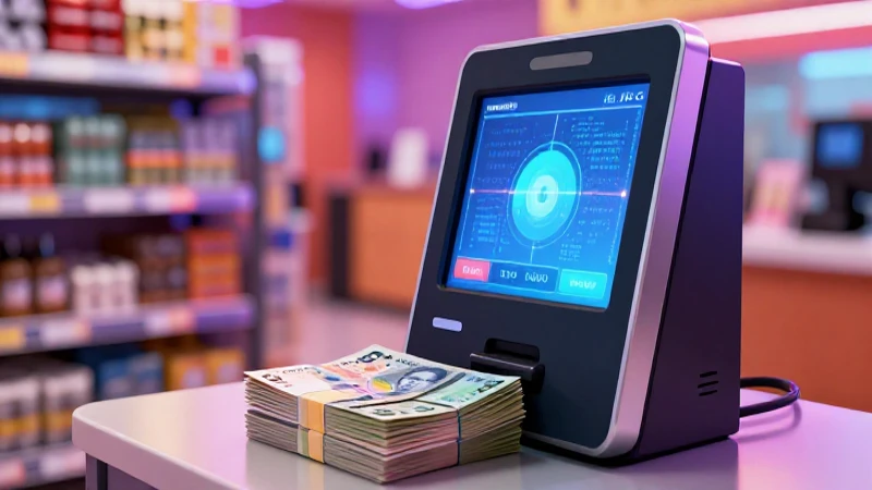Kiosco digital moderno con billetes de pesos