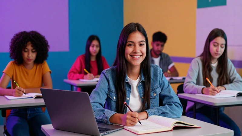 Estudiante mexicano feliz en aula moderna