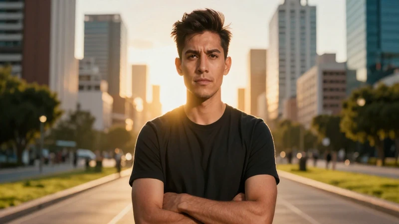 Joven mexicano determinado con luz dorada en la ciudad