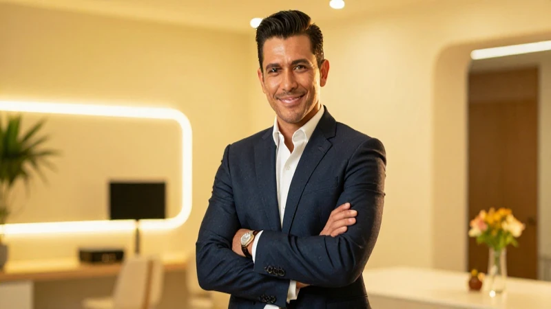 Profesional mexicano en traje dorado en estudio moderno