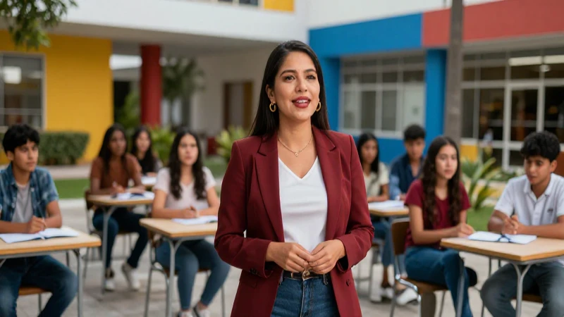 Profesor mexicano inspirando estudiantes en campus vibrante