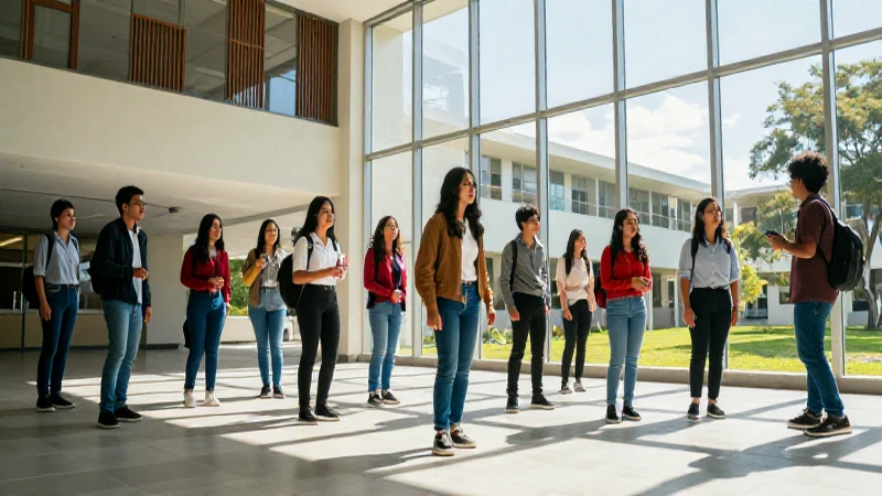 Estudiantes en campus moderno con iluminación dramática