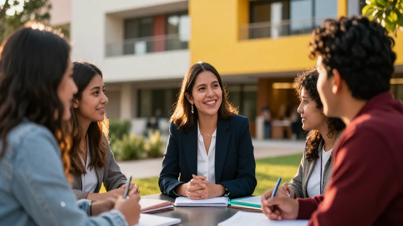 Universidad mexicana vibrante con profesor y alumnos