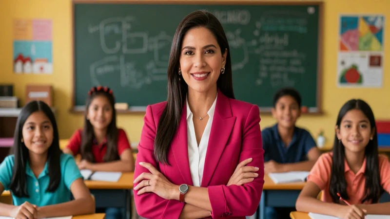 Maestra mexicana profesional en un aula vibrante