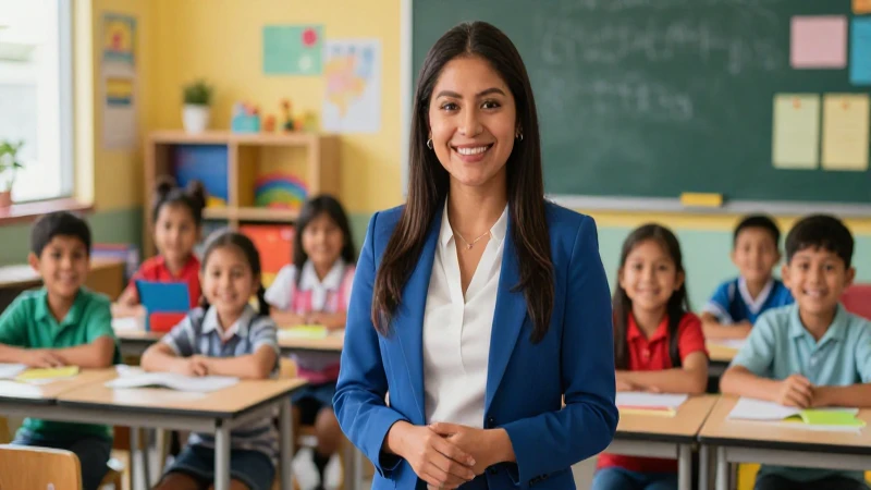 Maestra mexicana con alumnos felices en clase moderna