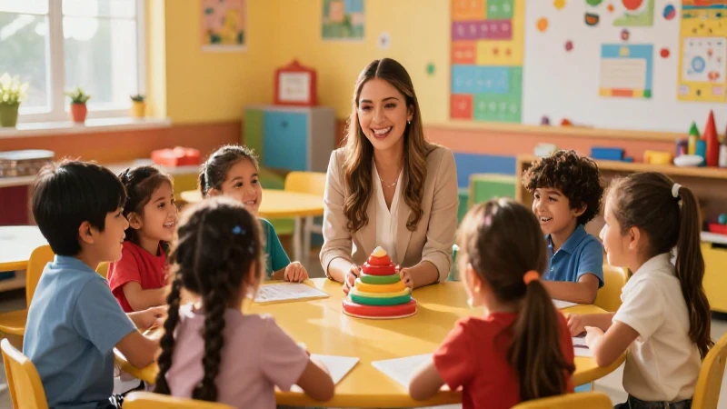 Maestra mexicana con niños felices en un aula vibrante