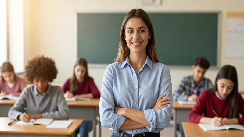 Joven profesor carismático en aula moderna