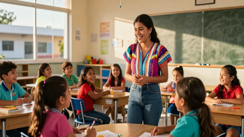 Maestra y alumnos felices en México