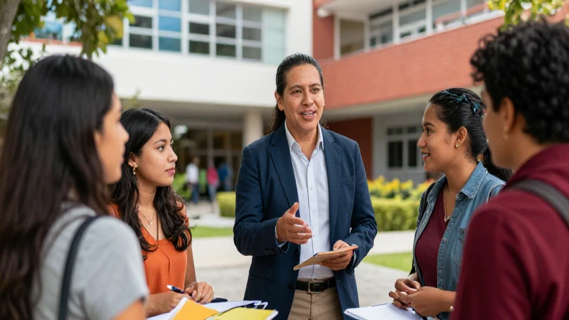 Mentor guía estudiantes en un campus universitario moderno