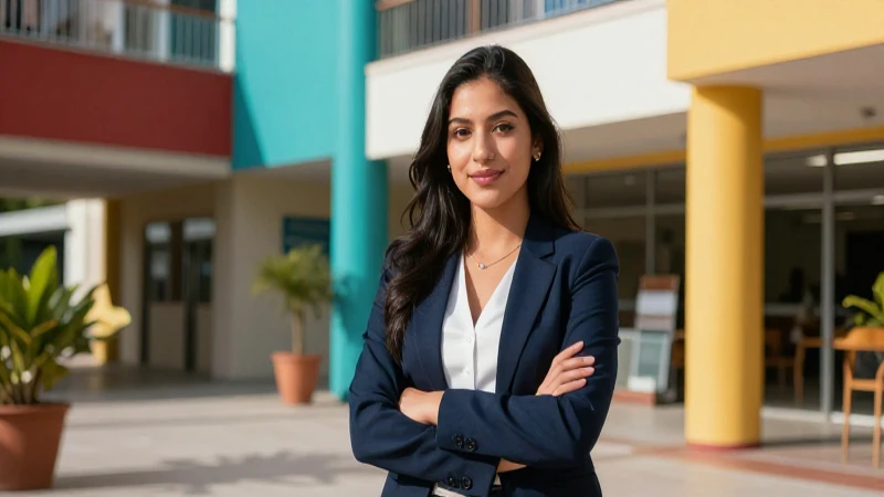 Joven profesional mexicana en campus luminoso