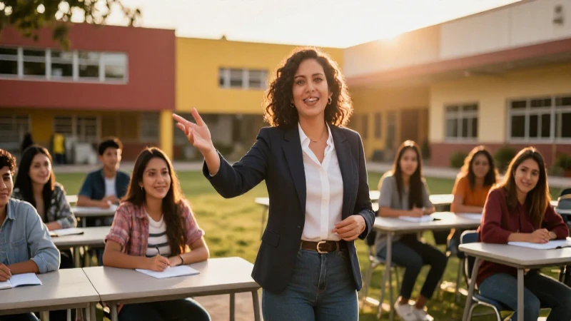 Maestra mexicana moderna en un aula vibrante