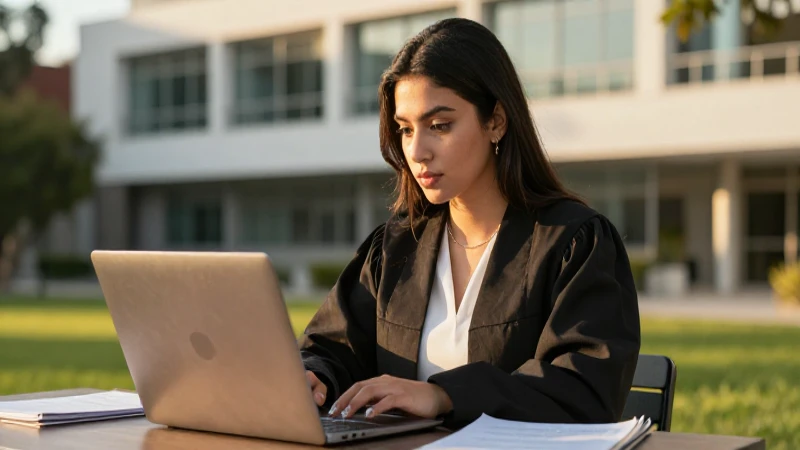 Joven mexicana investiga con laptop al atardecer