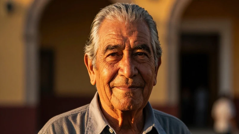 Abuelo mexicano sonriente en luz dorada