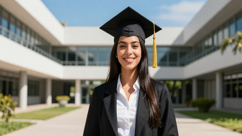 Joven mexicano graduado en campus moderno y luminoso