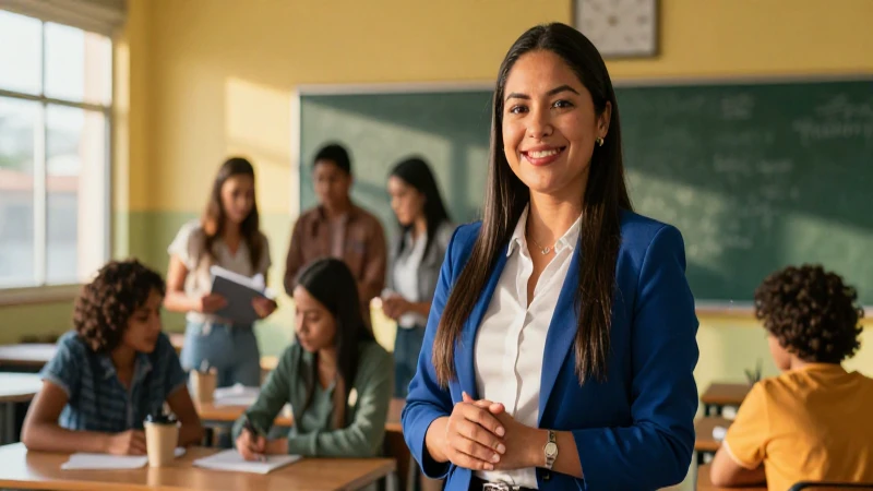 Profesora mexicana en aula moderna y vibrante