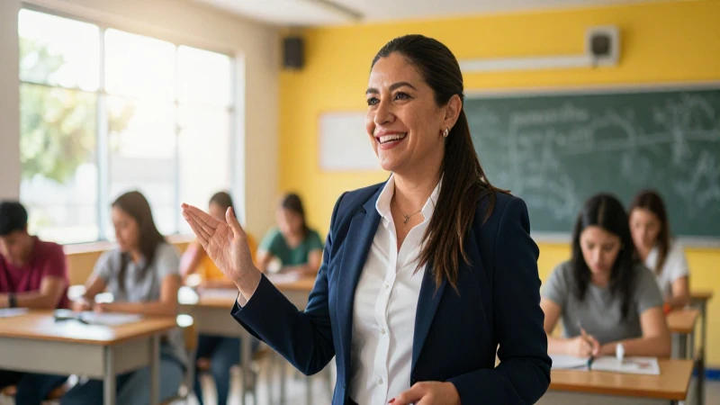 Profesor mexicano optimista en campus moderno