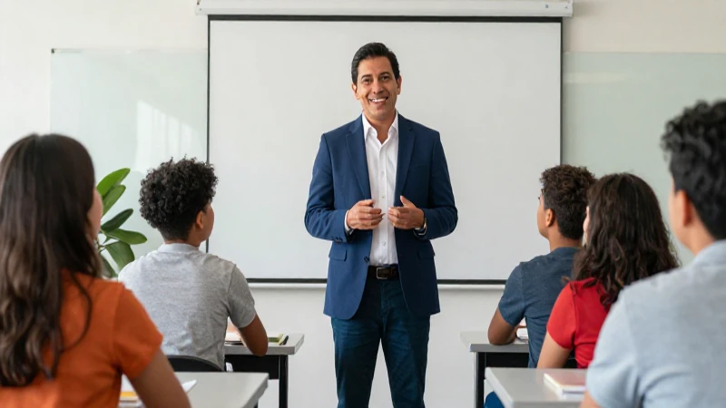Educador mexicano guía a alumnos en un aula vibrante