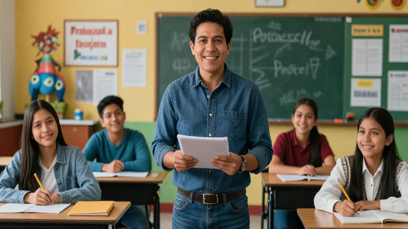Profesora mexicana optimista enseña en aula vibrante