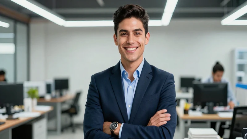 Joven mexicano profesional sonríe en taller moderno
