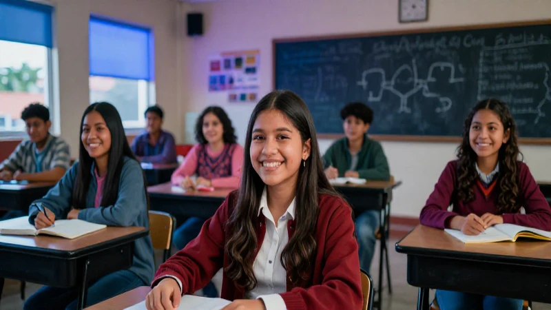 Estudiantes mexicanos sonríen en una aula moderna y vibrante