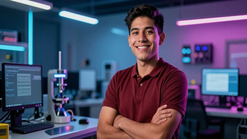 Estudiante sonriente en taller de tecnología moderna