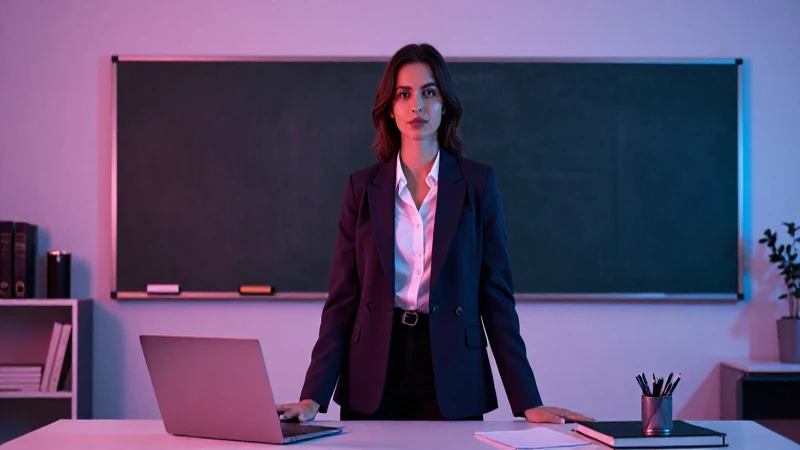 Fotorrealista, profesora en aula minimalista y dramática