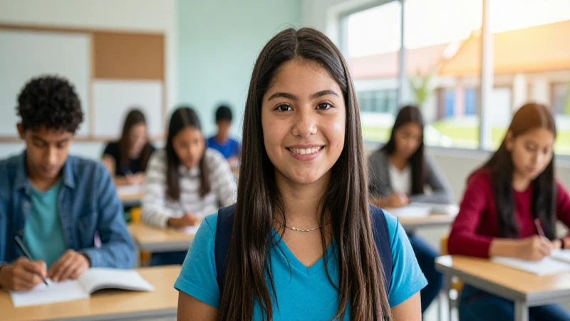 Estudiante mexicano brillante en campus moderno