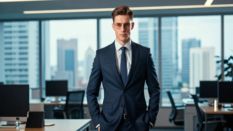 Joven ambicioso y elegante en oficina moderna