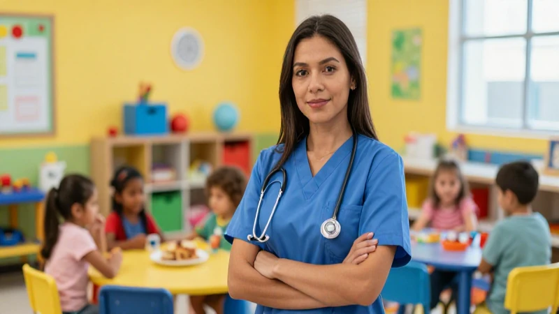 Enfermera de preescolar en México con niños vibrantes