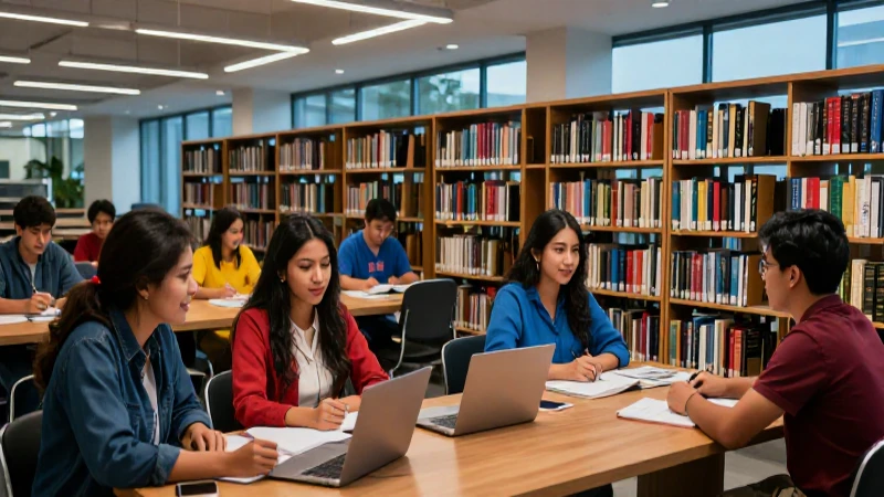 Estudiantes mexicanos vibrantes y diversos colaboran en una biblioteca moderna