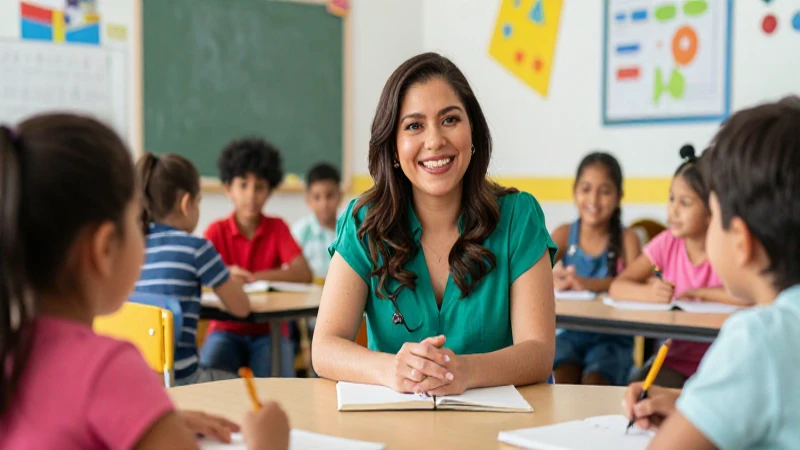 Maestra mexicana sonríendo con alumnos diversos