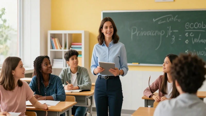 Maestro en aula vibrante con alumnos entusiastas