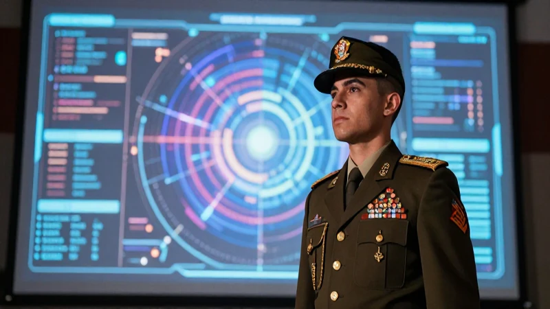 Oficial mexicano ante holograma en estilo dramático