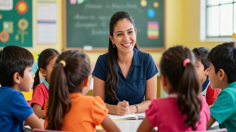 Maestra alegre con niños en aula colorida