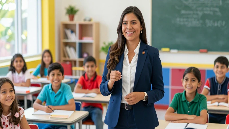 Pedagoga mexicana enseña a niños felices en un aula moderna