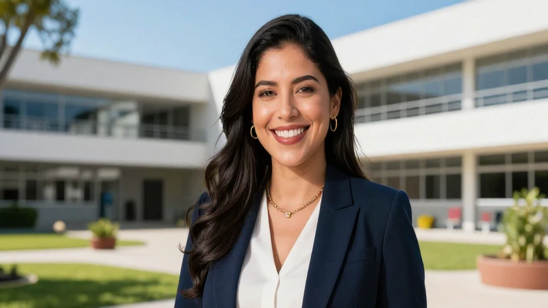 Profesional mexicana sonriente en campus moderno