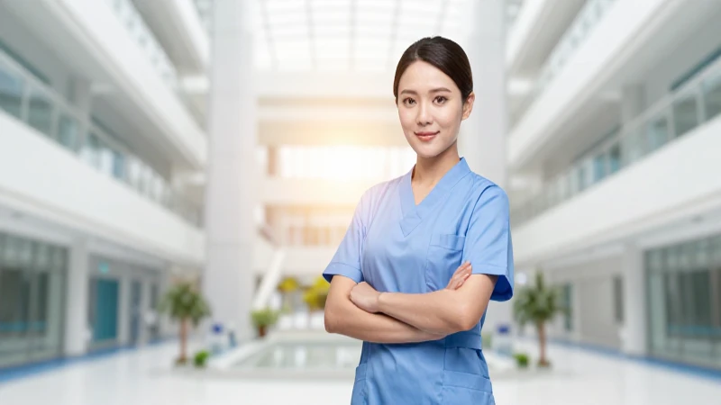 Enfermera profesional, luz dorada, hospital moderno