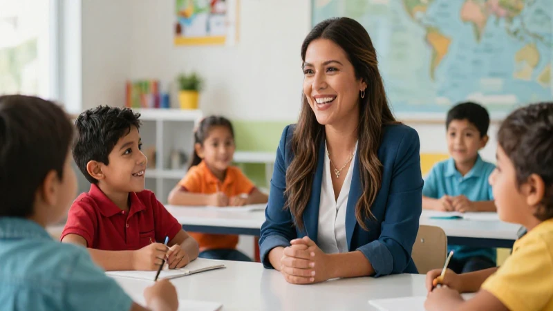 Maestra mexicana con niños en un aula vibrante