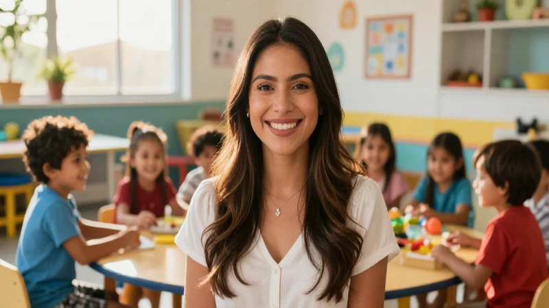 Joven mexicana pedagoga sonríe con niños felices