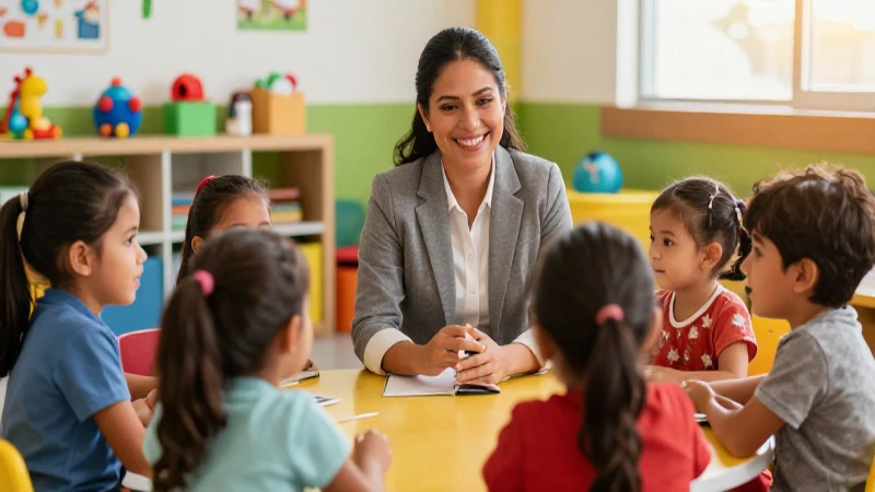 Maestra mexicana sonríendo con niños felices